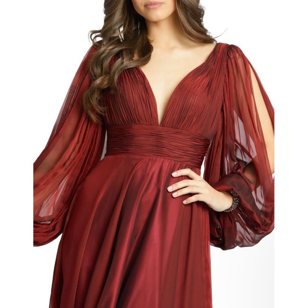 New Mac Duggal Garnet Mocha Red Chiffon Open Sleeve Formal Evening Gown Sweep 16 - Picture 2 of 7